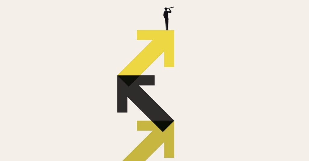 A person with a telescope stands on top of a large yellow arrow, with black and yellow arrows pointing in different directions below.