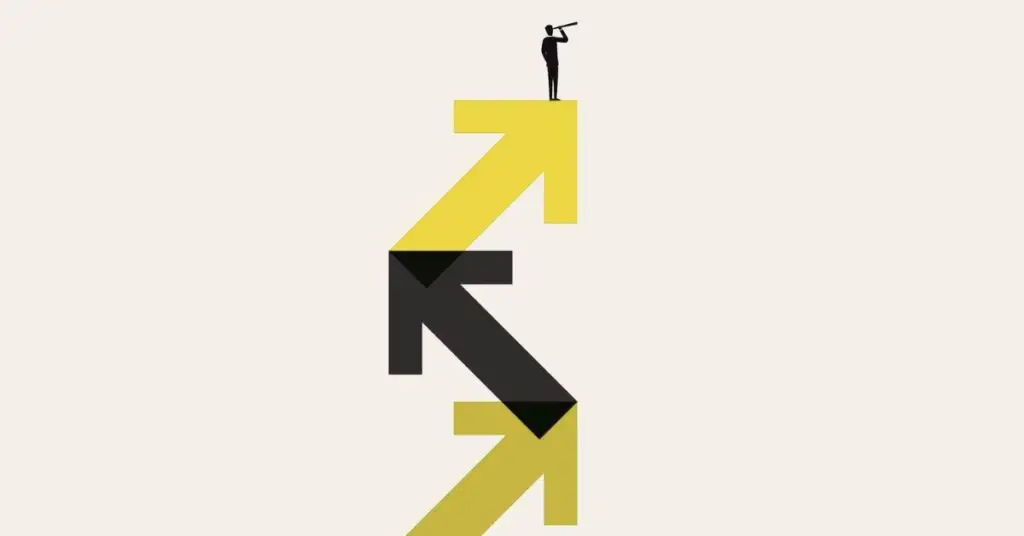 A person with a telescope stands on top of a large yellow arrow, with black and yellow arrows pointing in different directions below.