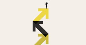 A person with a telescope stands on top of a large yellow arrow, with black and yellow arrows pointing in different directions below.
