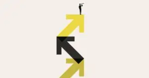 A person with a telescope stands on top of a large yellow arrow, with black and yellow arrows pointing in different directions below.