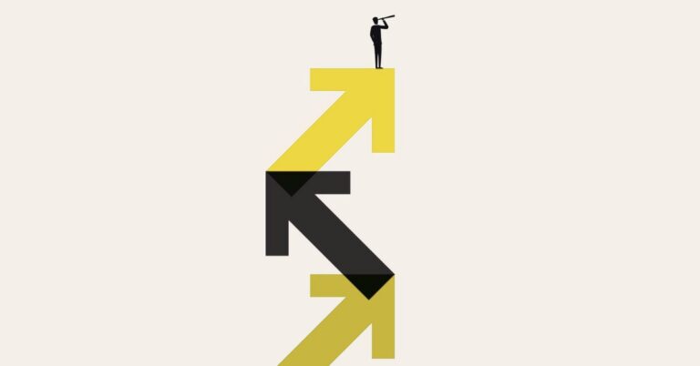 A person with a telescope stands on top of a large yellow arrow, with black and yellow arrows pointing in different directions below.