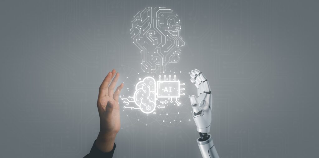 A robotic hand holding stacks of coins, with digital financial graphs in the background on a dark blue backdrop.