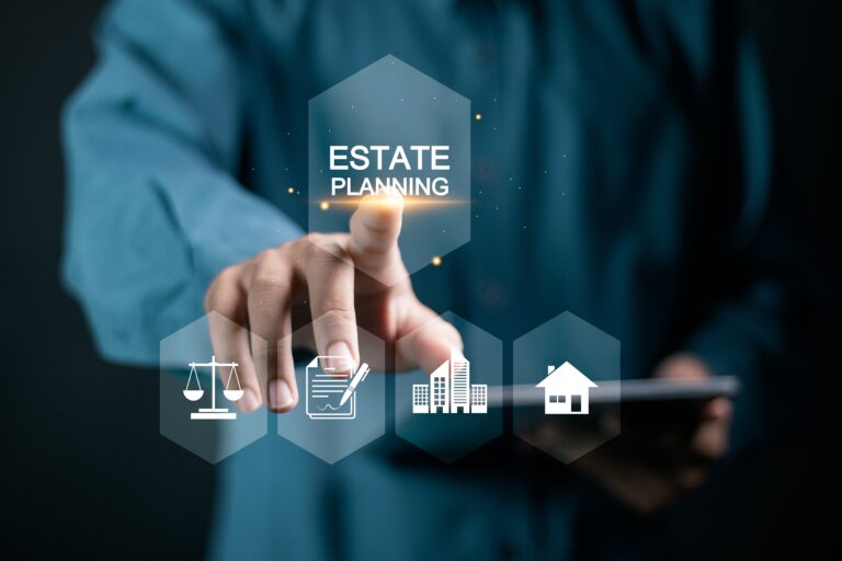 A person in a blue shirt interacts with a virtual interface displaying icons related to estate planning, including scales, a checklist, a building, and a house. The person taps on the Estate Planning text with a finger.